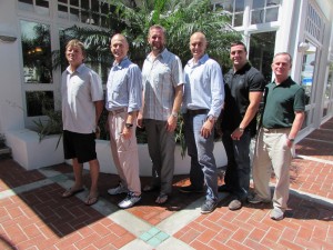 Attendees of The Triton’s April Bridge luncheon were, from left, Adam Lambert of S/Y Mitseaah, Ned Stone (freelance), Steve Steinberg of M/Y Illiquid, David Cherington of M/Y Meamina, Daniel Weaver, and Stephen Pepe of M/Y Dreams. PHOTO/LUCY REED